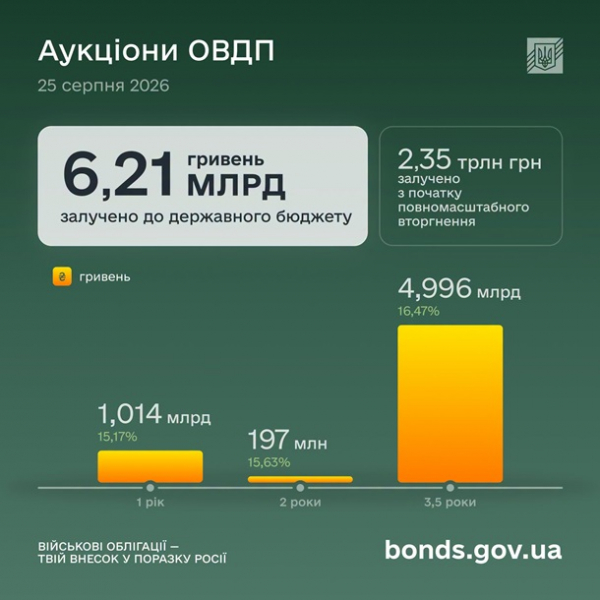 Україна залучила понад 6 млрд грн через продаж військових ОВДП